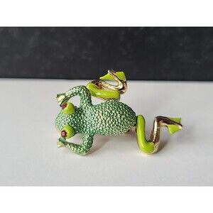 Frog Shaped Enamel and Rhinestone Gold Tone Brooch Articulated Vintage